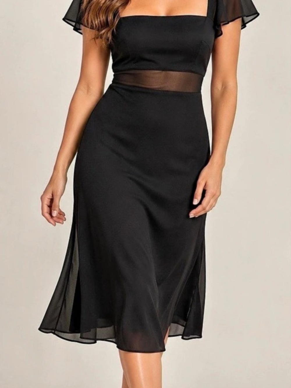Anthropologie Satin Black Sheer Flutter Sleeve, Waist & Back Midi Dress Sz 8 NWT